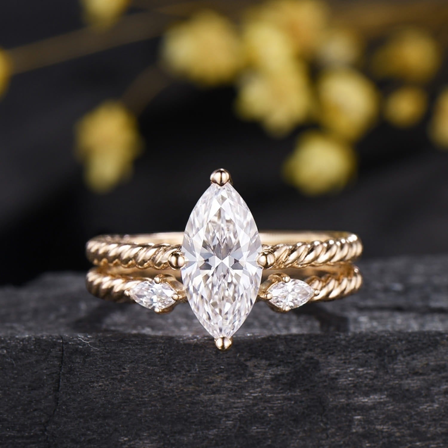 Vintage 1CT Marquise Cut Lab Grown Diamond Rope Engagement Ring Set Twisted Rope Band Diamond Bridal Set