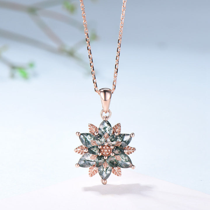 Tearsrop Moss Agate Flower Necklace - Double Halo Pendant, Leaf Vine - PENFINE