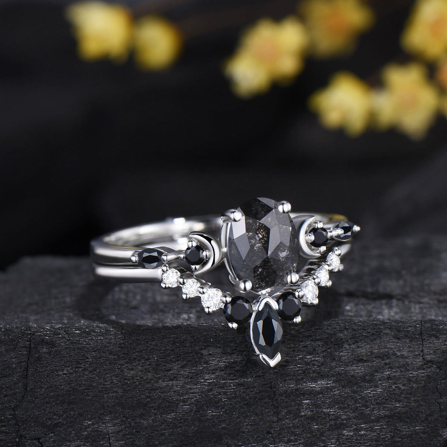 Moon Celestial Ring Set Oval Cut Salt and Pepper Diamond Engagement Ring Spinel Moissanite Matching Band