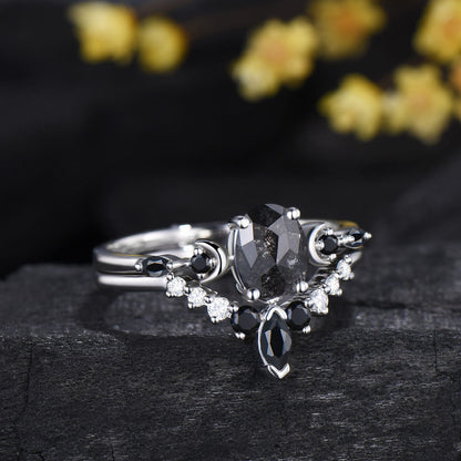 Moon Celestial Ring Set Oval Cut Salt and Pepper Diamond Engagement Ring Spinel Moissanite Matching Band