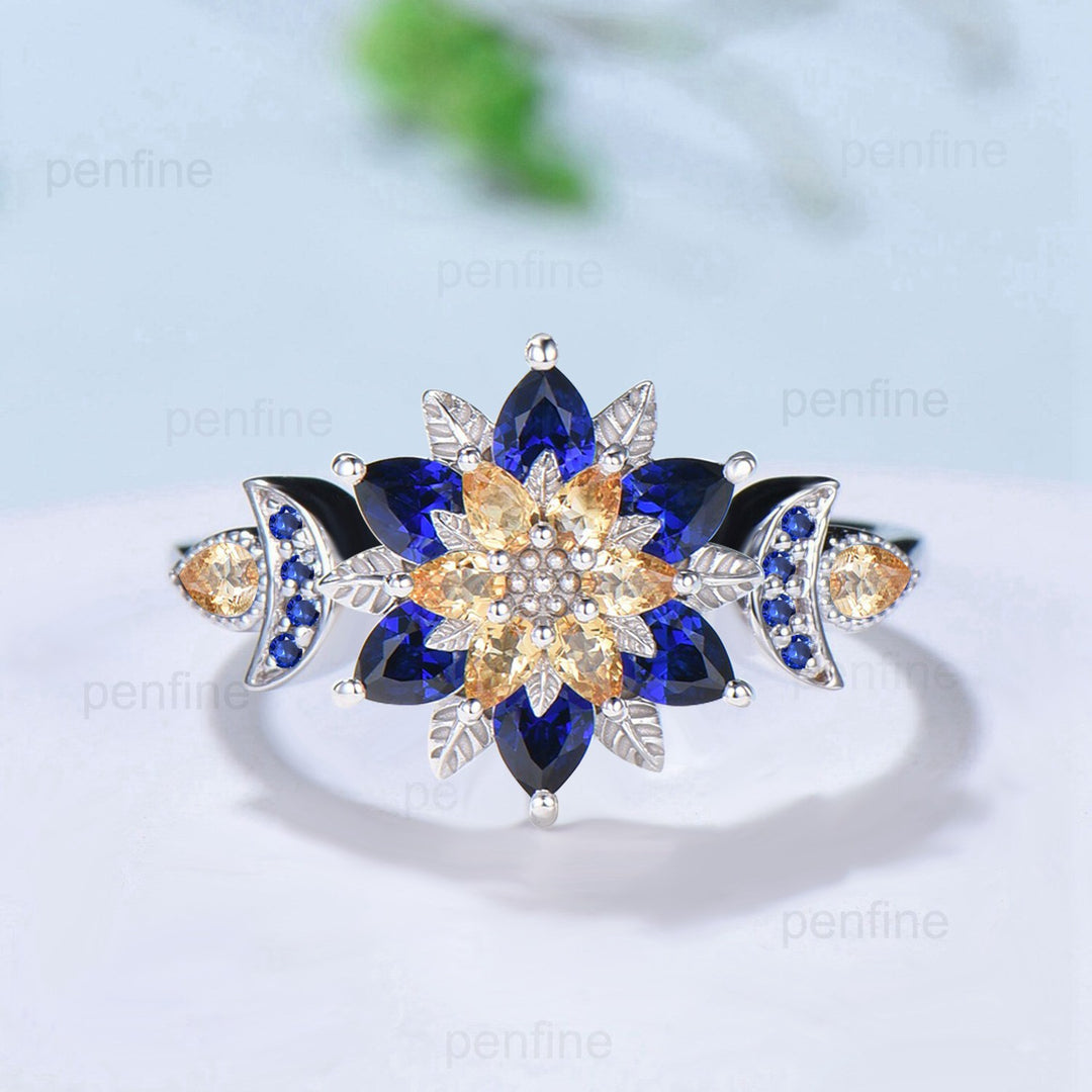 Celestial Sun and Moon Engagement Ring | Sapphire & Citrine Floral Mandala - PENFINE