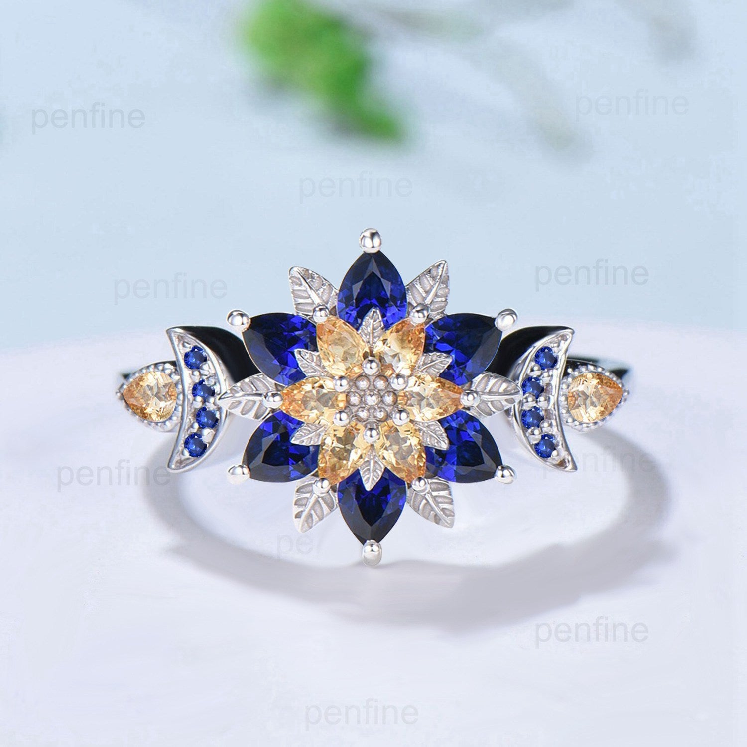 Celestial Sun and Moon Engagement Ring | Sapphire & Citrine Floral Mandala - PENFINE