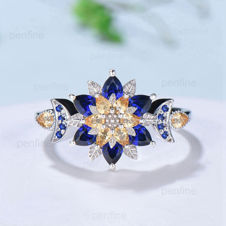 Celestial Sun and Moon Engagement Ring | Sapphire & Citrine Floral Mandala - PENFINE