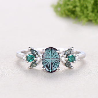 Unique Fantasy Cut Oval Shaped Color-change Alexandrite Engagement Ring Green Agate Emerald Cluster Ring