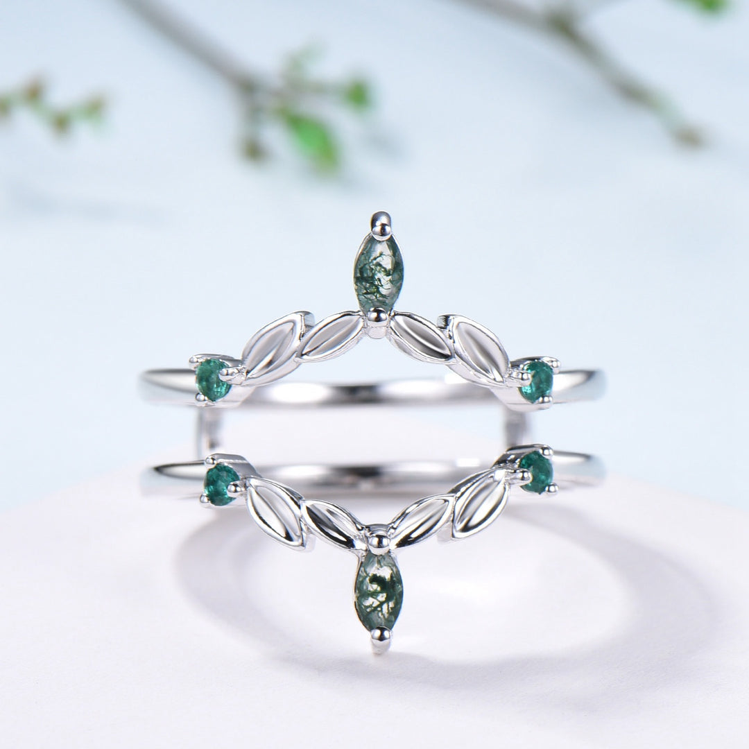 Moss Agate Marquise Wedding Band, Emerald Enhancer Ring, Solid Gold - PENFINE