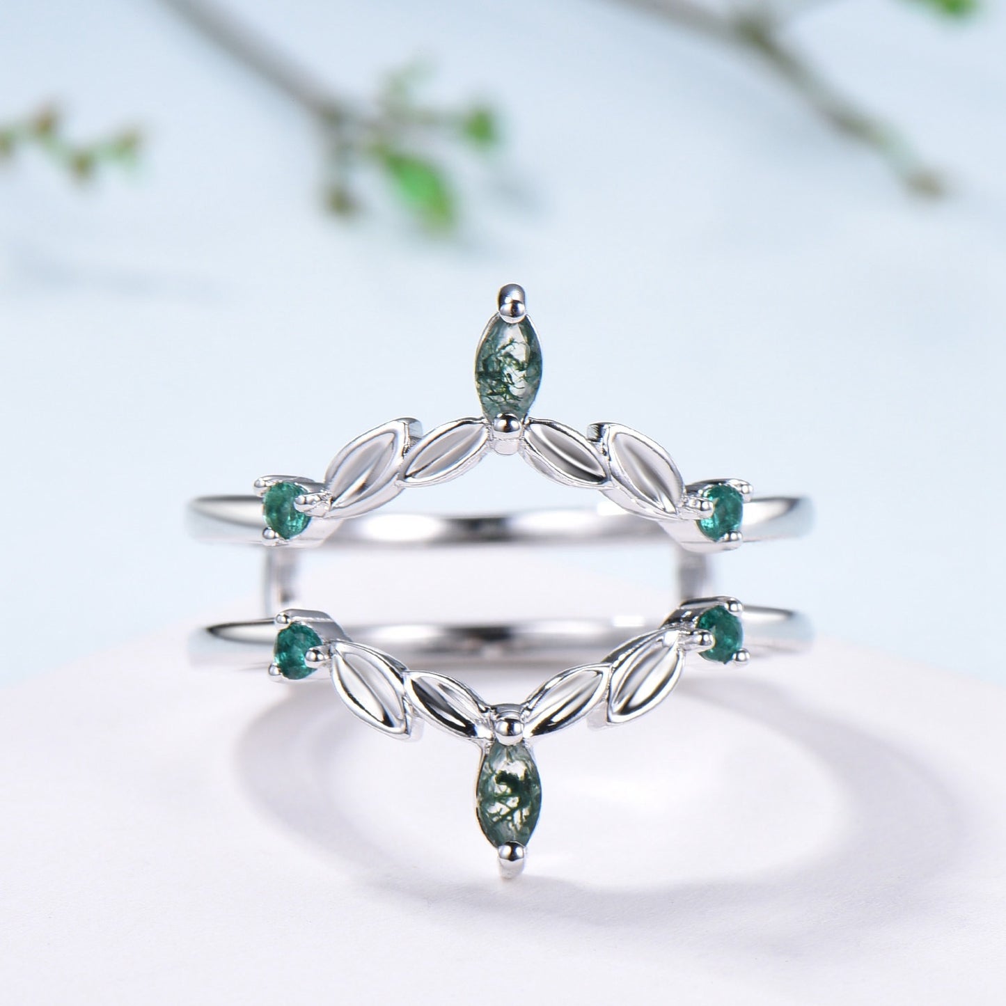 Moss Agate Marquise Wedding Band, Emerald Enhancer Ring, Solid Gold - PENFINE