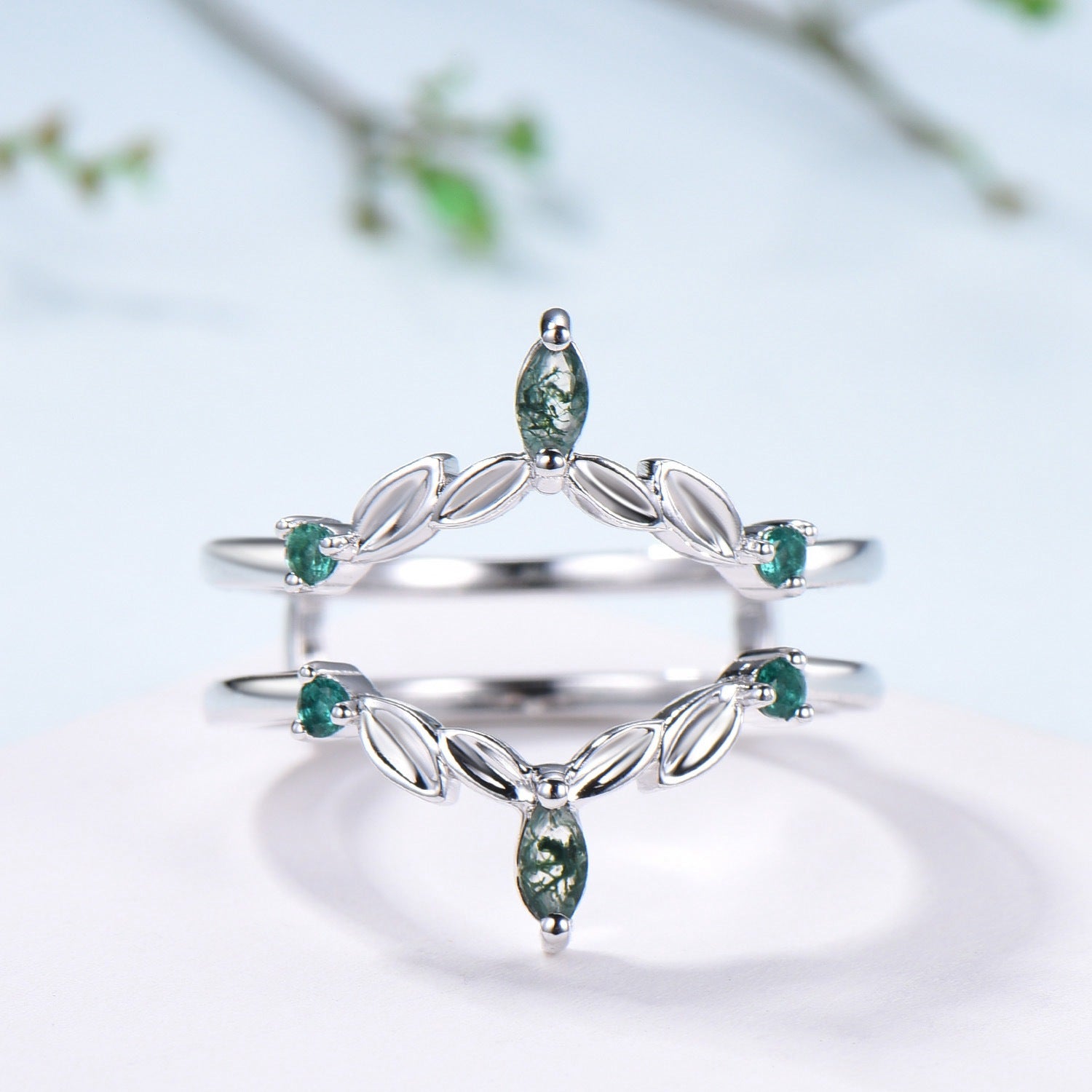 Moss Agate Marquise Wedding Band, Emerald Enhancer Ring, Solid Gold - PENFINE