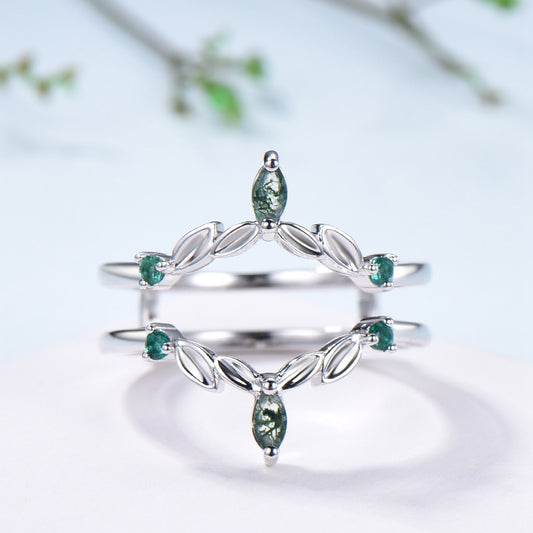 Moss Agate Marquise Wedding Band, Emerald Enhancer Ring, Solid Gold - PENFINE