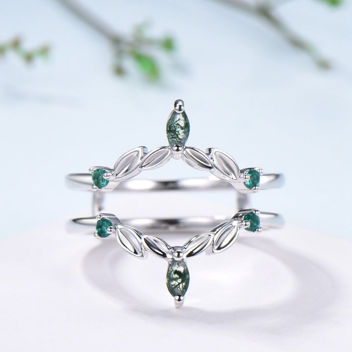 Moss Agate Marquise Wedding Band, Emerald Enhancer Ring, Solid Gold - PENFINE