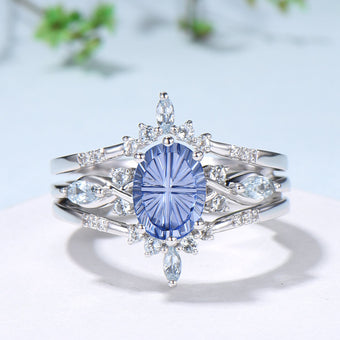 Oval Shaped Fantasy Cut Cornflower Blue Sapphire Engagement Ring Aquamarine Diamond  enhancer Ring Set