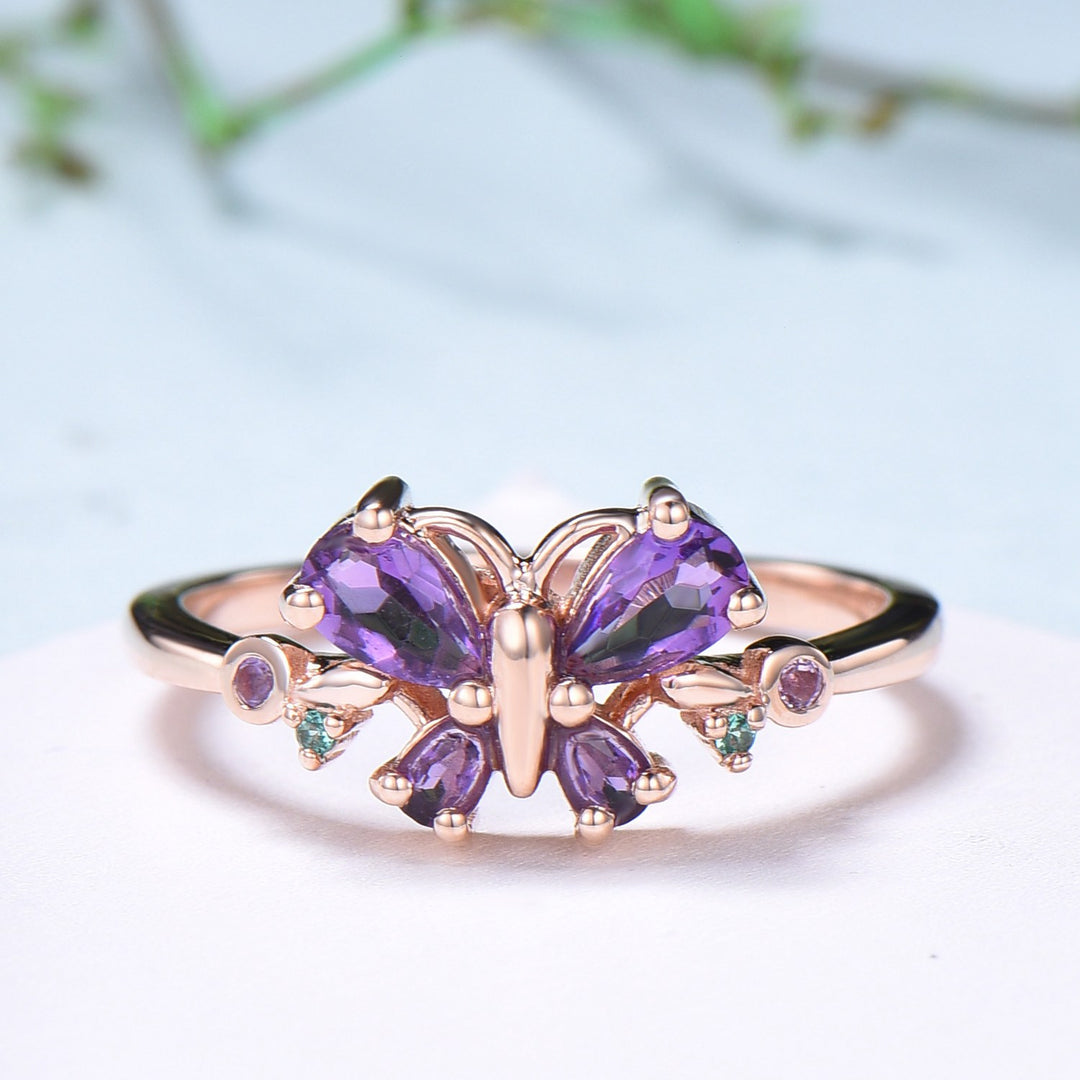 Unique Butterfly Ring Amethyst Engagement Ring teardrop amethyst silver rose gold flower promise ring emerald anniversary gift women - PENFINE