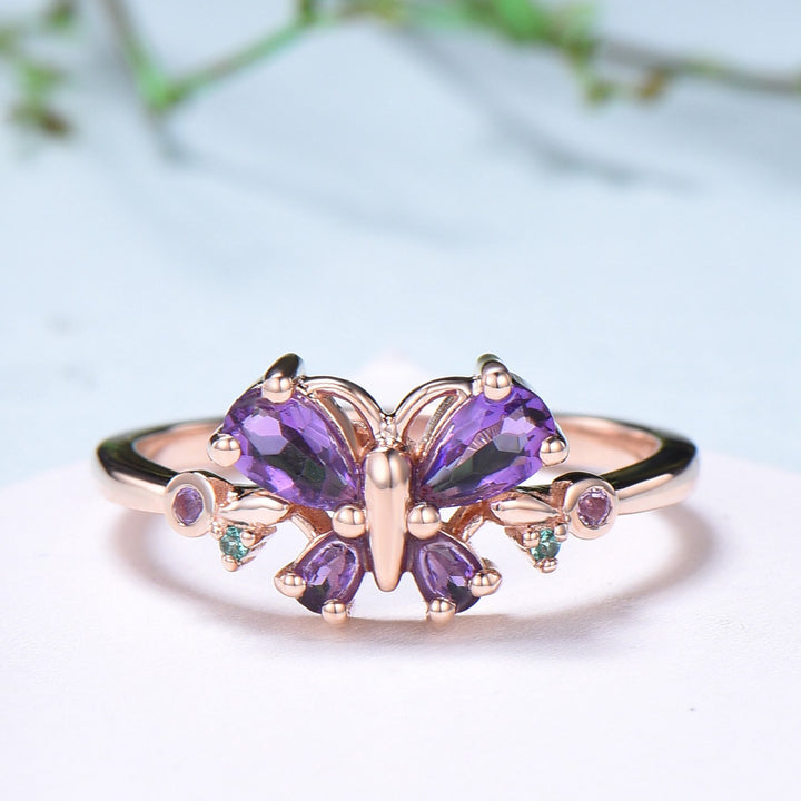 Unique Butterfly Ring Amethyst Engagement Ring teardrop amethyst silver rose gold flower promise ring emerald anniversary gift women - PENFINE