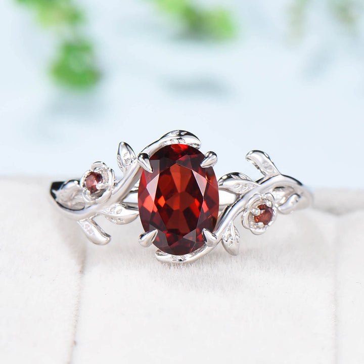 Unique flower leaves garnet ring set cluster branch nature inspired garnet engagement ring women cute January birthstone wedding ring set - PENFINE