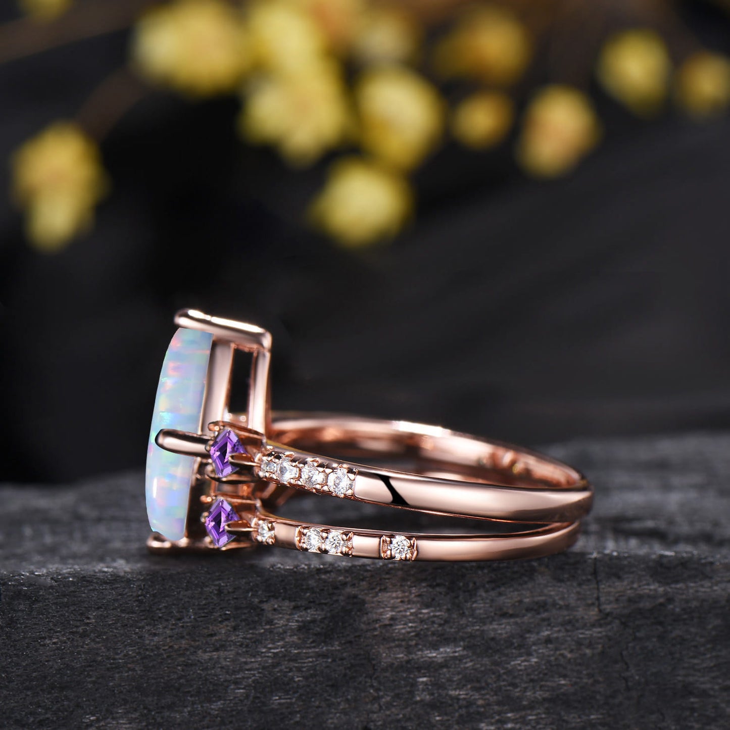 1CT Marquise Cut White Opal Engagement Ring Set, October Birthstone Amethyst Wedding Ring Set