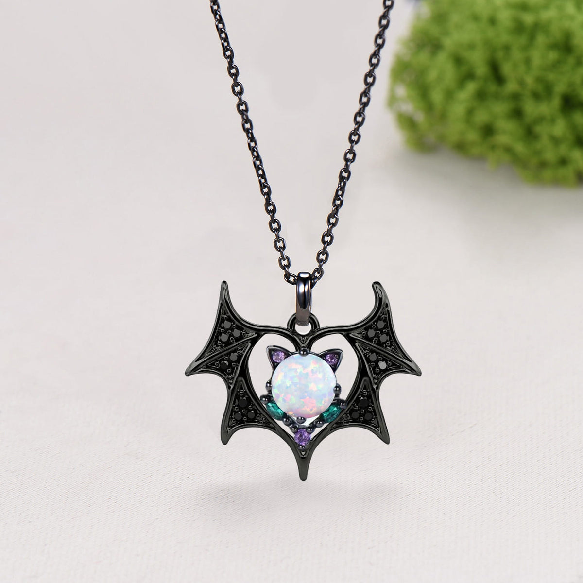 Unique Cat & Bat Pendant Necklace Devil Black Spinel Wing Pendant