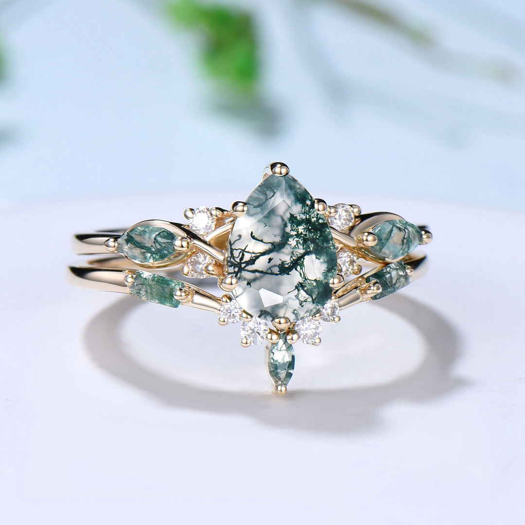 Vintage Pear Shaped Natural Green Moss Agate Engagement Ring Set Unique 14k Rose Gold Vine Marquise Agate Wedding Ring Set Ring for Women - PENFINE