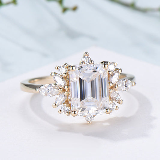 Custom Halo Emerald Cut Moissanite Engagement Ring 14K Yellow Gold Cluster Marquise Moissanite Wedding Ring Unique Anniversary Promise Gift - PENFINE