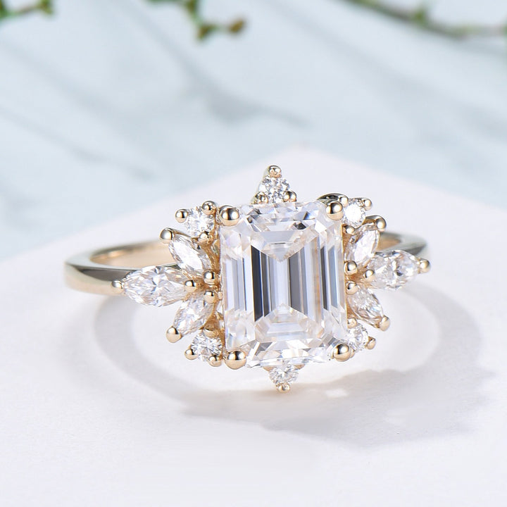 Custom Halo Emerald Cut Moissanite Engagement Ring 14K Yellow Gold  Cluster Marquise Moissanite Wedding Ring Unique Anniversary Promise Gift - PENFINE