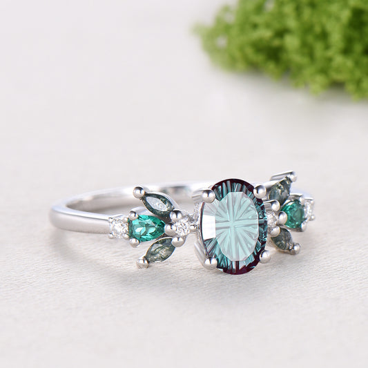 Unique Fantasy Cut Oval Shaped Color-change Alexandrite Engagement Ring Green Agate Emerald Cluster Ring