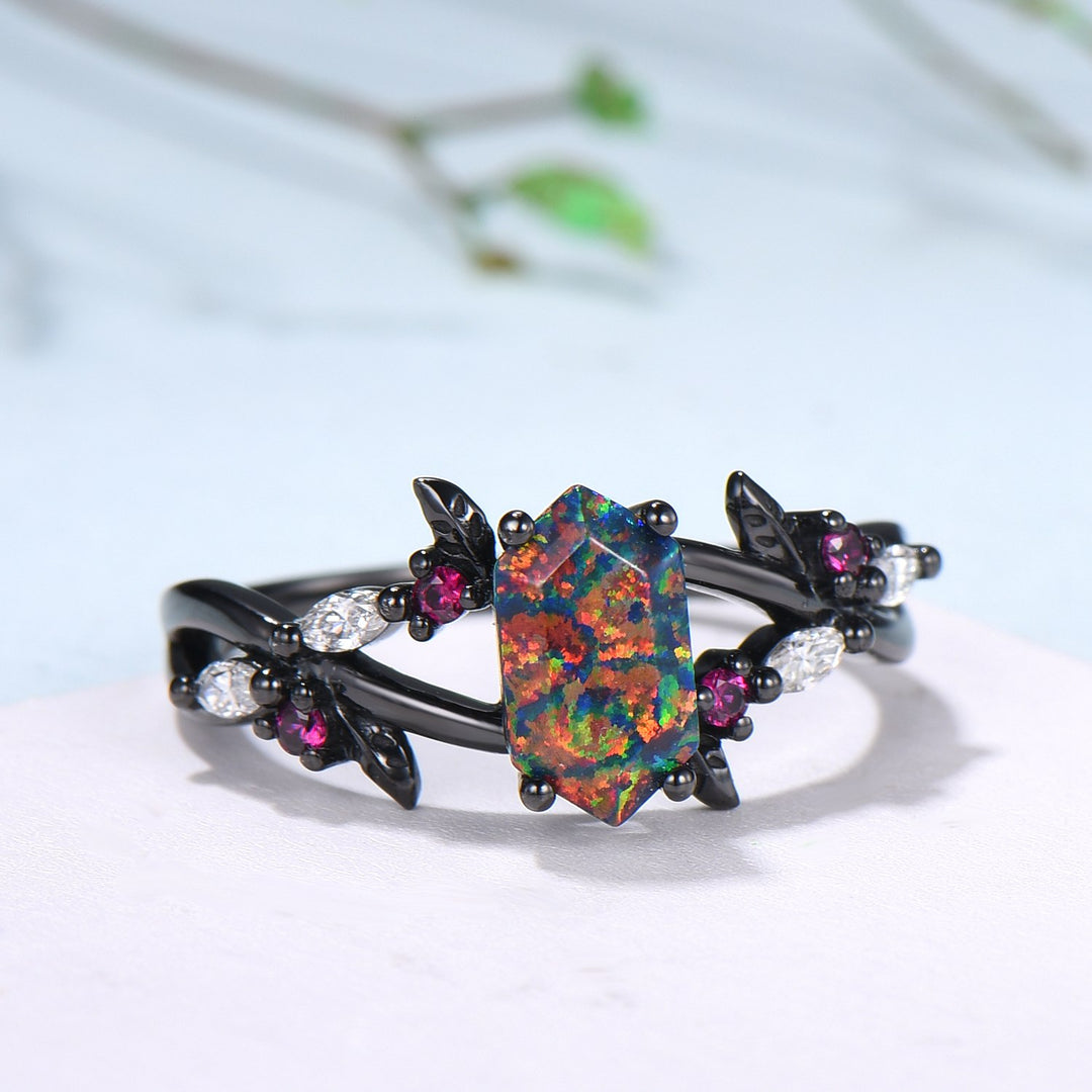Handmade Black Gold Fire Opal Ring: Gothic Ruby Leaves, Hexagon Cut - PENFINE