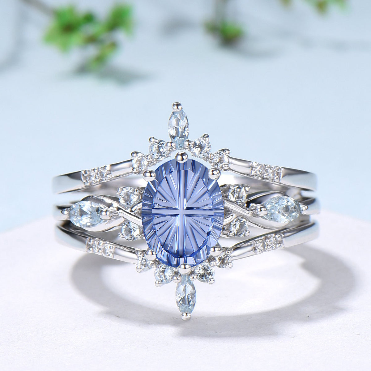 Oval Shaped Fantasy Cut Cornflower Blue Sapphire Engagement Ring Aquamarine Diamond  enhancer Ring Set