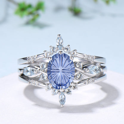 Oval Shaped Fantasy Cut Cornflower Blue Sapphire Engagement Ring Aquamarine Diamond  enhancer Ring Set