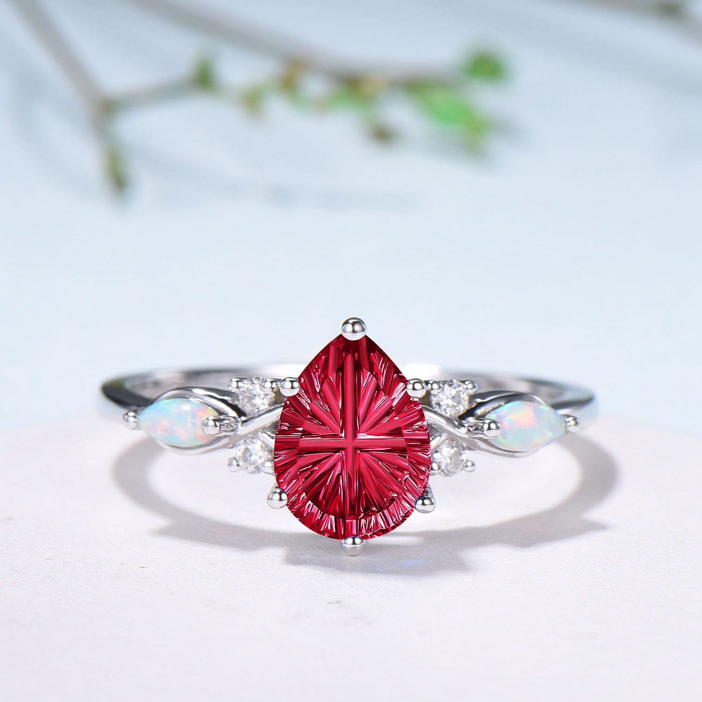 Vintage Starburst Cut Red Ruby Wedding Ring Set Pear Shaped Ruby Opal Engagement Ring Set