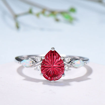 Vintage Starburst Cut Red Ruby Wedding Ring Set Pear Shaped Ruby Opal Engagement Ring Set