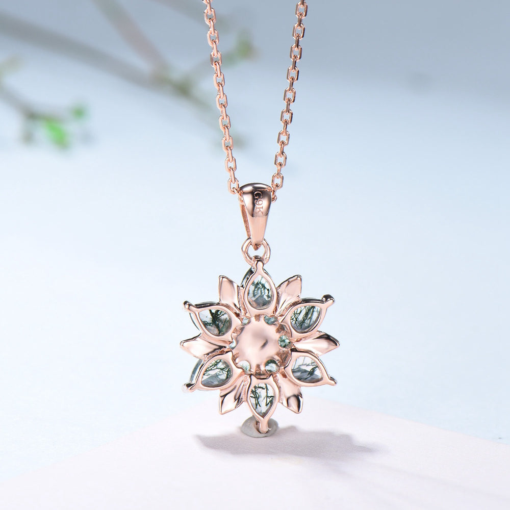 Tearsrop Moss Agate Flower Necklace - Double Halo Pendant, Leaf Vine - PENFINE