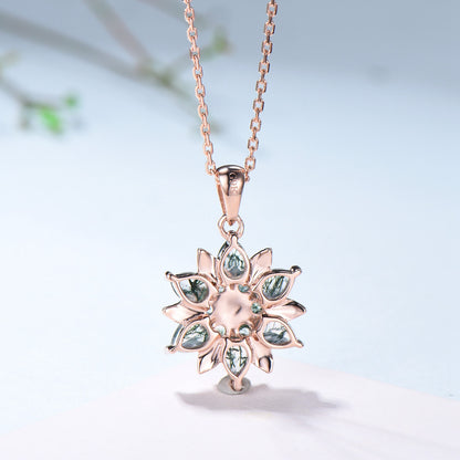 Tearsrop Moss Agate Flower Necklace - Double Halo Pendant, Leaf Vine - PENFINE