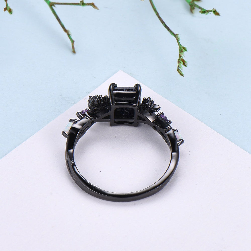 Unique Black Gold Blue Sandstone Ring Emerald Cut Vintage Galaxy Moon Engagement Ring Cluster Opal Amethyst Wedding Ring Promise Gift Women - PENFINE