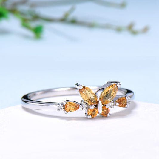 Unique Butterfly Citrine Engagement Ring Vintage Marquise and Pear Citrine Rings Wedding Ring Anniversary Ring November Birthstone Gift - PENFINE