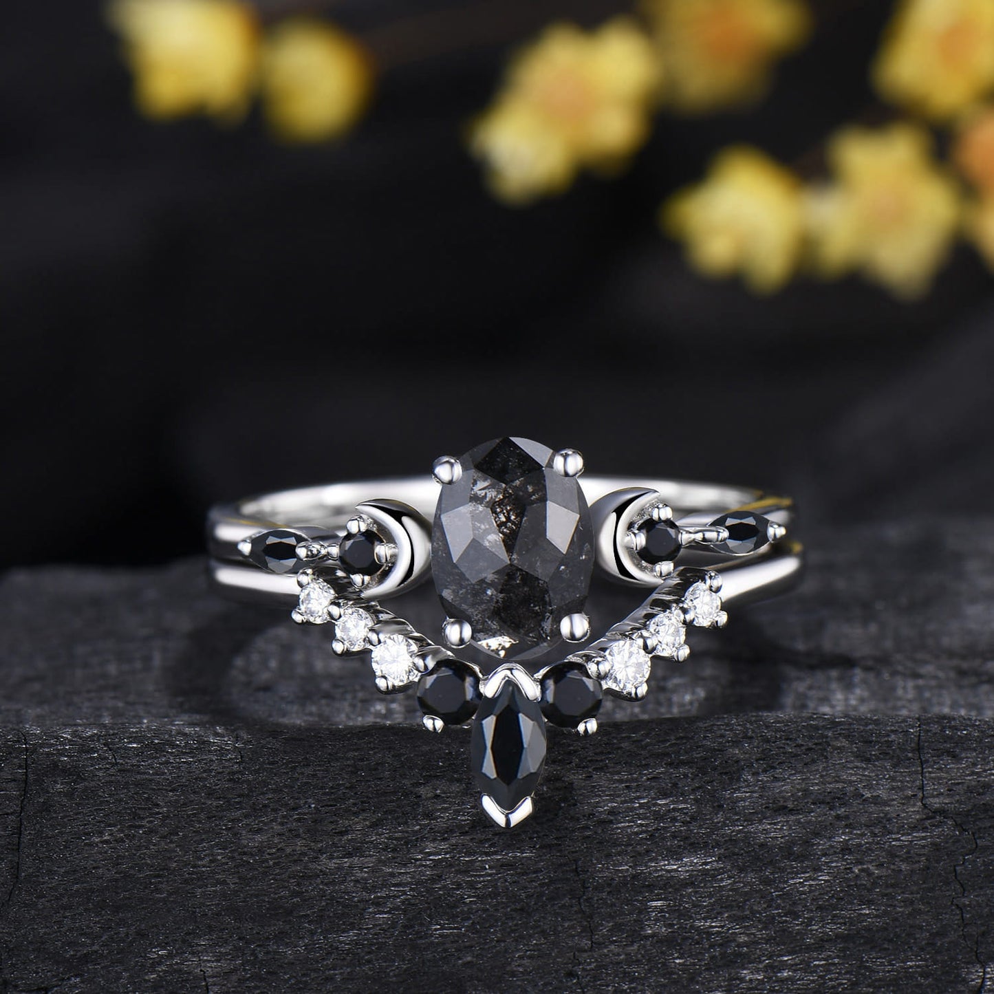 Moon Celestial Ring Set Oval Cut Salt and Pepper Diamond Engagement Ring Spinel Moissanite Matching Band
