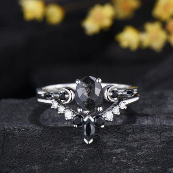 Moon Celestial Ring Set Oval Cut Salt and Pepper Diamond Engagement Ring Spinel Moissanite Matching Band
