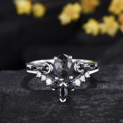 Moon Celestial Ring Set Oval Cut Salt and Pepper Diamond Engagement Ring Spinel Moissanite Matching Band