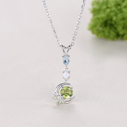 Dainty Peridot Moon Pendant, White Gold Necklace, Opal Aquamarine Branch Necklace