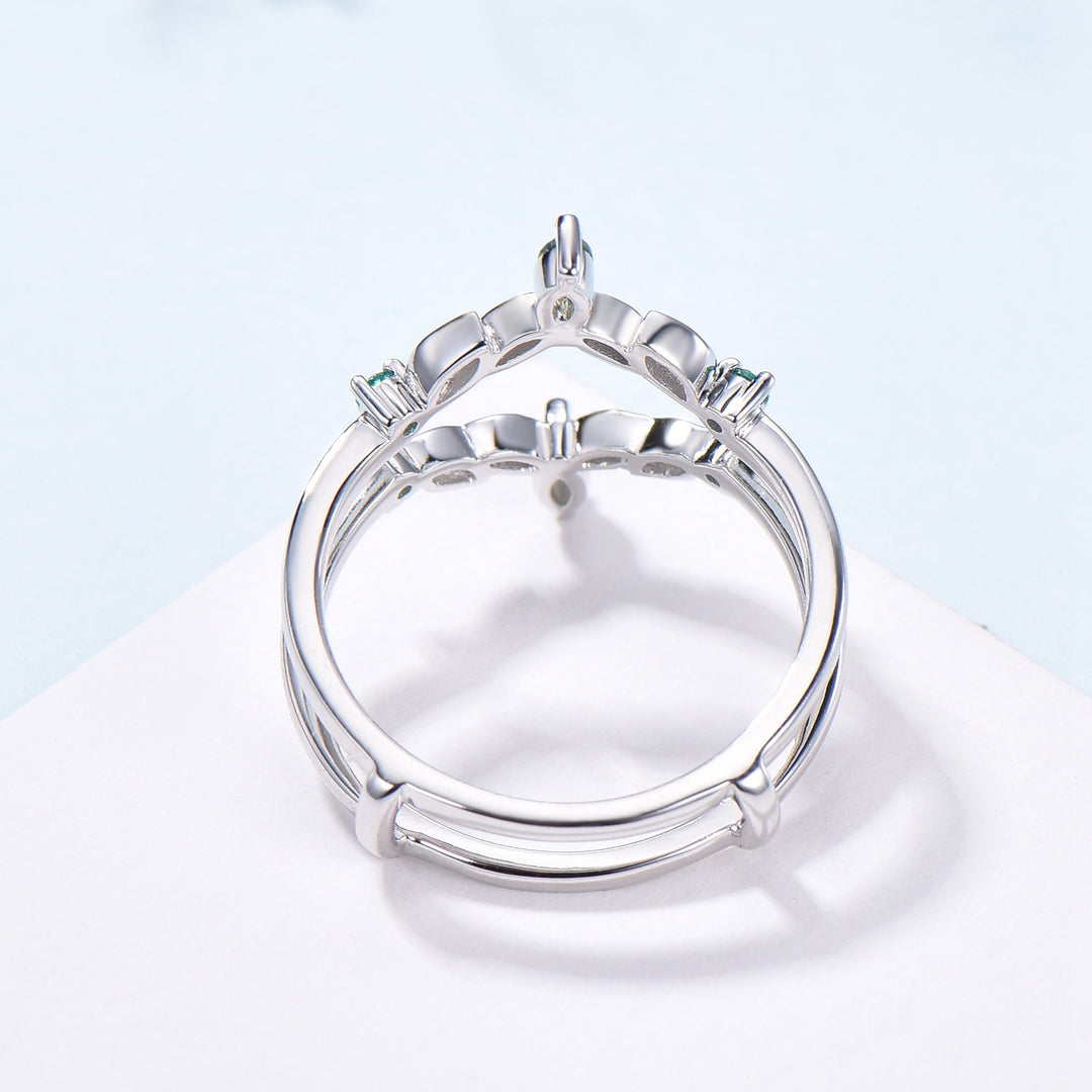 Moss Agate Marquise Wedding Band, Emerald Enhancer Ring, Solid Gold - PENFINE