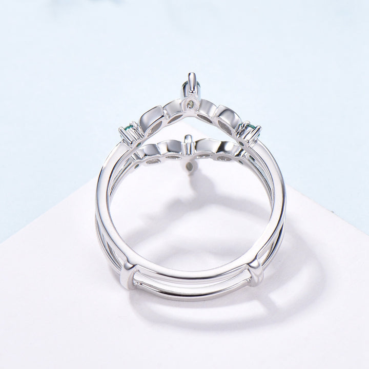 Moss Agate Marquise Wedding Band, Emerald Enhancer Ring, Solid Gold - PENFINE