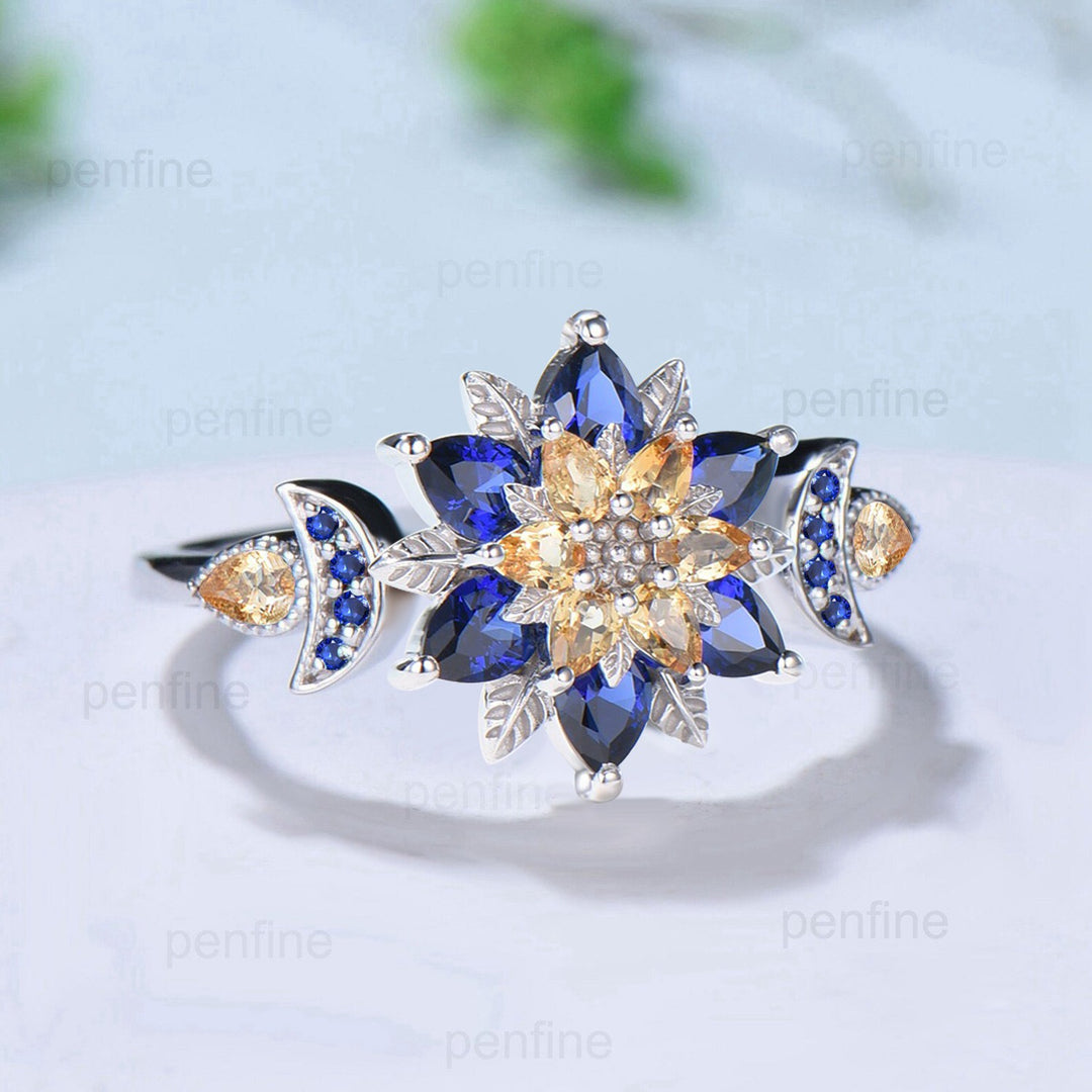 Celestial Sun and Moon Engagement Ring | Sapphire & Citrine Floral Mandala - PENFINE