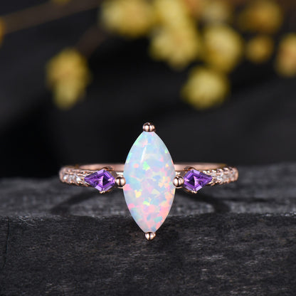 1CT Marquise Cut White Opal Engagement Ring Set, October Birthstone Amethyst Wedding Ring Set