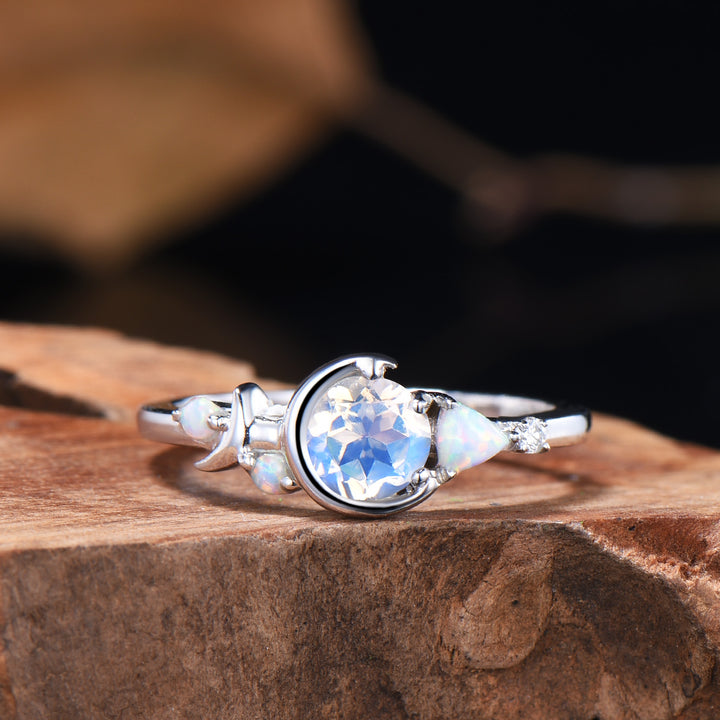 Unique 5mm Round Natural Rainbow Moonstone Opal Cluster Celestial Moon Wedding Ring - PENFINE