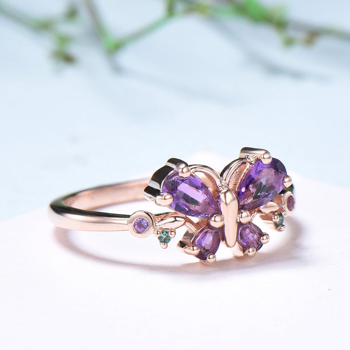 Unique Butterfly Ring Amethyst Engagement Ring teardrop amethyst silver rose gold flower promise ring emerald anniversary gift women - PENFINE