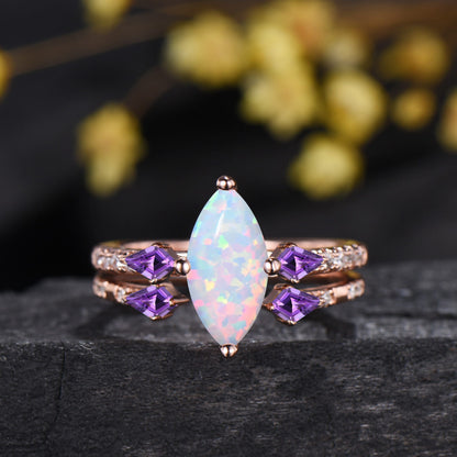 1CT Marquise Cut White Opal Engagement Ring Set, October Birthstone Amethyst Wedding Ring Set