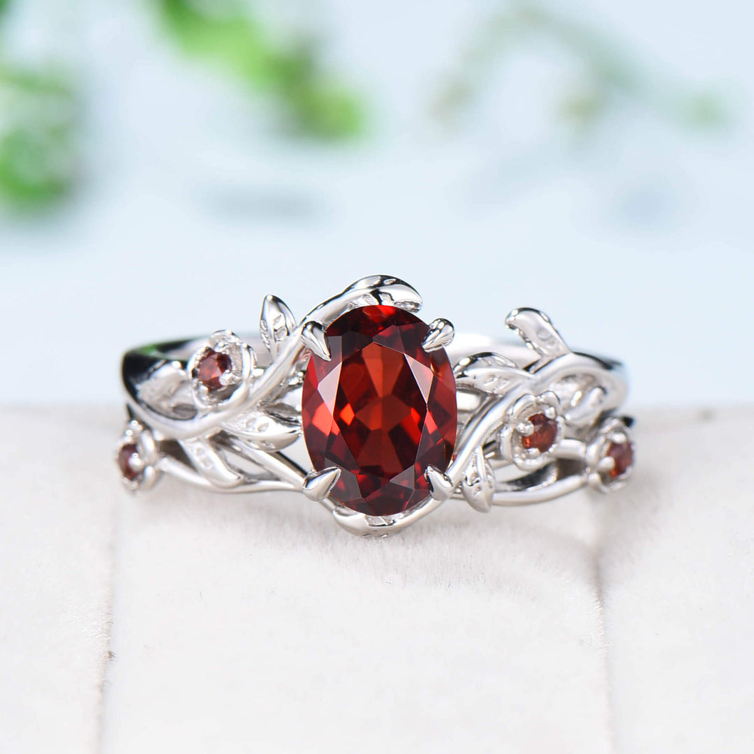 Unique flower leaves garnet ring set cluster branch nature inspired garnet engagement ring women cute January birthstone wedding ring set - PENFINE