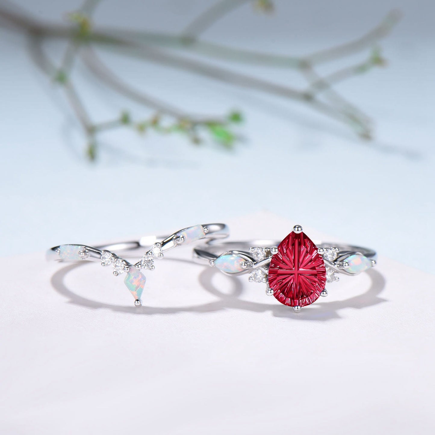 Vintage Starburst Cut Red Ruby Wedding Ring Set Pear Shaped Ruby Opal Engagement Ring Set