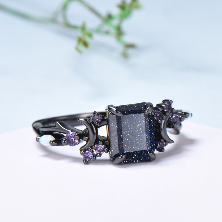 Unique Black Gold Blue Sandstone Ring Emerald Cut Vintage Galaxy Moon Engagement Ring Cluster Opal Amethyst Wedding Ring Promise Gift Women - PENFINE