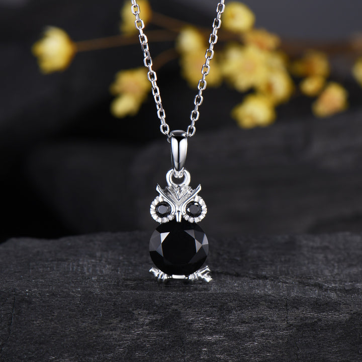 Unique Cute Owl Natural Black Onyx Wedding Necklace Night Owl Pendant Animal Inspired Gemstone Anniversary Gift