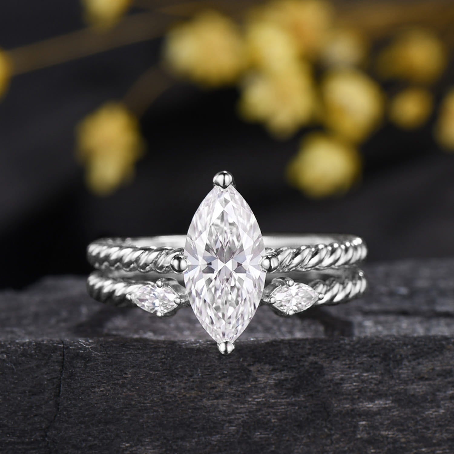 Vintage 1CT Marquise Cut Lab Grown Diamond Rope Engagement Ring Set Twisted Rope Band Diamond Bridal Set