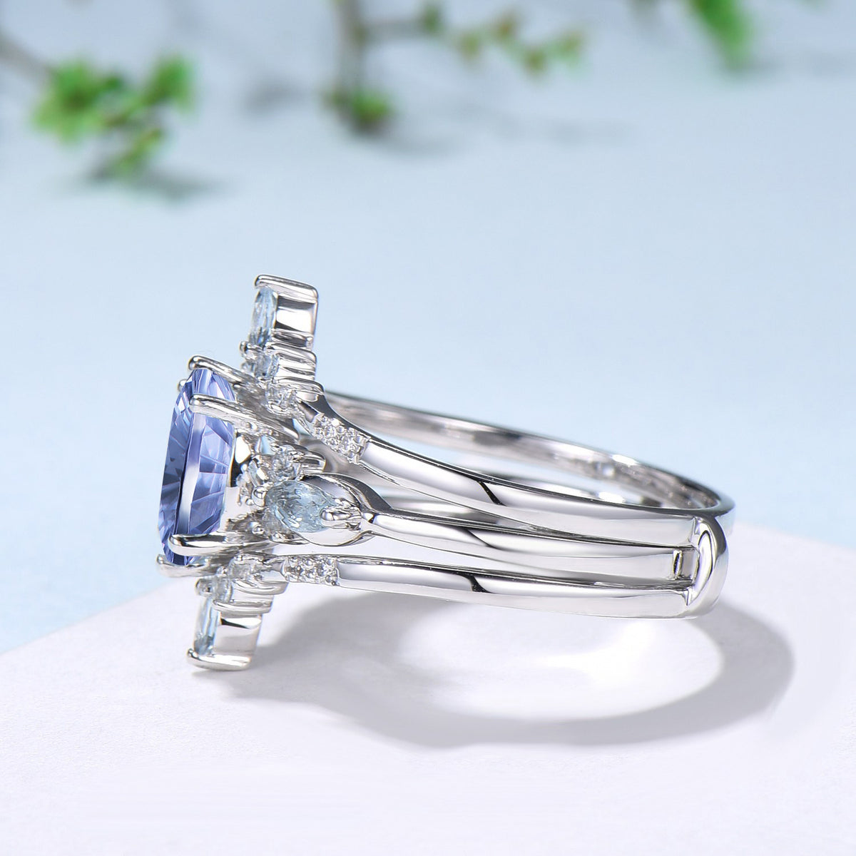 Oval Shaped Fantasy Cut Cornflower Blue Sapphire Engagement Ring Aquamarine Diamond  enhancer Ring Set
