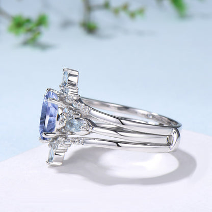Oval Shaped Fantasy Cut Cornflower Blue Sapphire Engagement Ring Aquamarine Diamond  enhancer Ring Set